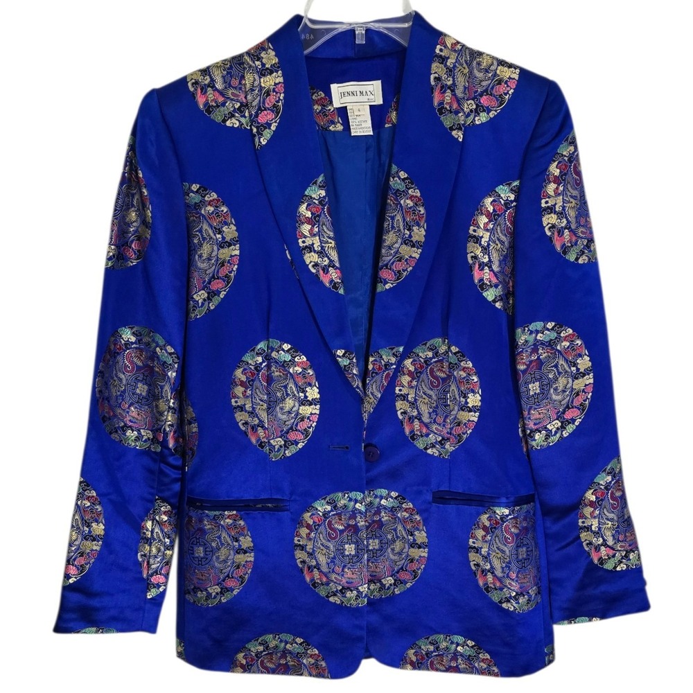 Jenni Max NYC Blue Silk Rayon Dragon Phoenix Medallion Blazer Jacket Women 4 NWT